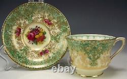 Royal Worcester Hand Painted Green Gold Floral Demitasse Cup Saucer Signed Whunt