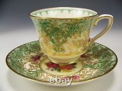 Royal Worcester Hand Painted Green Gold Floral Demitasse Cup Saucer Signed Whunt