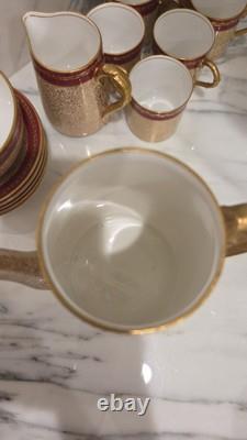 Royal Worcester Red & Gold Chintz Floral Demitasse Cups, Saucers Coffeepot Set