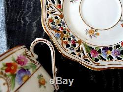 SCHUMANN Bavaria MARIE ANTOINETTE Set 4 Demitasse CUPS & SAUCERS Dresden Flowers