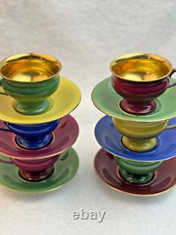 SIX THOMAS BAVARIA PICKARD Jewel Outside 22K GOLD TRIM Demitasse Cups Saucers