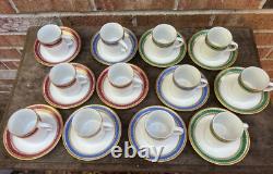Set 12 Demitasse/espresso Fine China Cups Saucers White Gold Gilt Red Blue Green