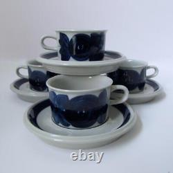 Set/4 Finland Arabia Anemone Demitasse Cups & Saucers Blue Hand Painted Espresso