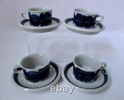 Set/4 Finland Arabia Anemone Demitasse Cups & Saucers Blue Hand Painted Espresso