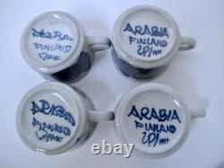 Set/4 Finland Arabia Anemone Demitasse Cups & Saucers Blue Hand Painted Espresso