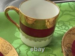 Set 4 Limoges France Demitasse cups & saucers Deep Red Gold & White Imperial EXQ
