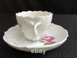 Set / 4 Meissen Pink Rose Scalloped Demitasse Cup & Saucer Cross Swords 2nd Qual