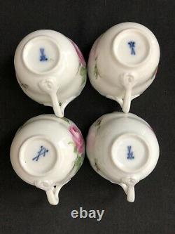 Set / 4 Meissen Pink Rose Scalloped Demitasse Cup & Saucer Cross Swords 2nd Qual