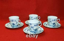 Set 4 Royal Copenhagen Blue Fluted Demitasse Cups & Saucers 1/2308 Original Box