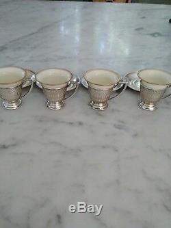 Set 4 VTG Lenox Sterling Silver Porcelain Demitasse Insert Cup and Saucer