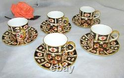 Set 5 Royal Crown Derby Traditional Imari Flat Demitasse Cups & Saucers
