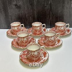 Set 6 Royal Crown Derby Red Aves Flat Demitasse Cups and Saucers