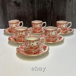 Set 6 Royal Crown Derby Red Aves Flat Demitasse Cups and Saucers