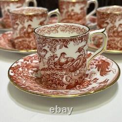 Set 6 Royal Crown Derby Red Aves Flat Demitasse Cups and Saucers