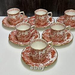 Set 6 Royal Crown Derby Red Aves Flat Demitasse Cups and Saucers