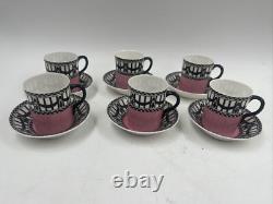 Set 6 Royal Worcester Pink & Black Demitasse Cup & Saucer Cowell Antique RARE