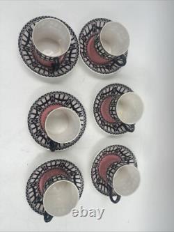 Set 6 Royal Worcester Pink & Black Demitasse Cup & Saucer Cowell Antique RARE