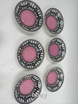 Set 6 Royal Worcester Pink & Black Demitasse Cup & Saucer Cowell Antique RARE