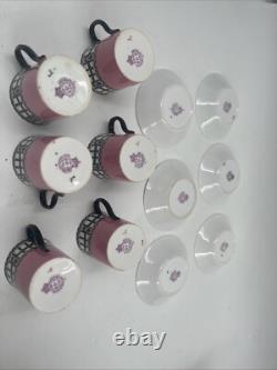 Set 6 Royal Worcester Pink & Black Demitasse Cup & Saucer Cowell Antique RARE