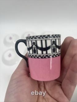 Set 6 Royal Worcester Pink & Black Demitasse Cup & Saucer Cowell Antique RARE
