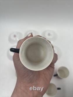 Set 6 Royal Worcester Pink & Black Demitasse Cup & Saucer Cowell Antique RARE