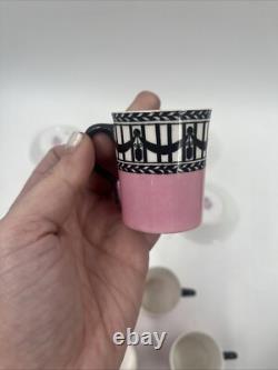 Set 6 Royal Worcester Pink & Black Demitasse Cup & Saucer Cowell Antique RARE