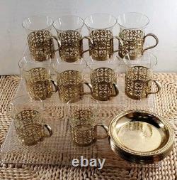 Set Of 10 Demitasse Tea Cups & Saucers Clear Glass with Brass Handle Basket 2.5 oz