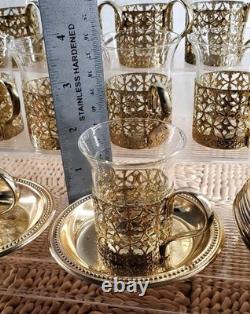 Set Of 10 Demitasse Tea Cups & Saucers Clear Glass with Brass Handle Basket 2.5 oz