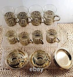 Set Of 10 Demitasse Tea Cups & Saucers Clear Glass with Brass Handle Basket 2.5 oz