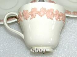 Set Of 2 Wedgwood Embossed Pink On Cream Queen's Ware Demitasse Cups & Saucers