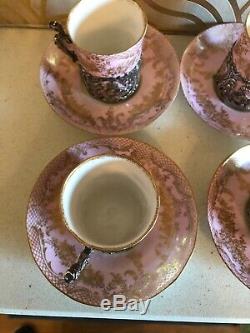 Set Of 4 1898 Silver Mounted Staffordshire Demitasse Cups & Saucers