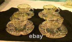 Set Of 4 Antique Bohemian Moser Type Raised Enamel Demitasse Cups & Saucers
