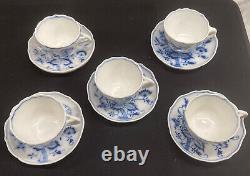 Set Of 5 Antique Meissen Blue Onion Demitasse Cups & Saucers