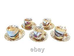 Set Of 5 Vtg Copelands England Hand Painted Game Birds Demitasse Cups & Saucers