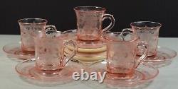 Set Of 6 Marked Heisey Glass Pink Demitasse Cups & Saucers W Fancy Etched Design