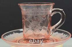 Set Of 6 Marked Heisey Glass Pink Demitasse Cups & Saucers W Fancy Etched Design