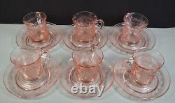 Set Of 6 Marked Heisey Glass Pink Demitasse Cups & Saucers W Fancy Etched Design