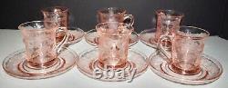 Set Of 6 Marked Heisey Glass Pink Demitasse Cups & Saucers W Fancy Etched Design