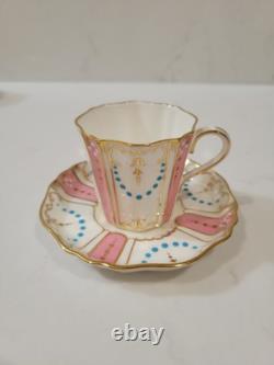 Set Of 6 Pink Antique Wedgwood Demitasse Cup & Saucer 19th c. Turquoise Jeweled