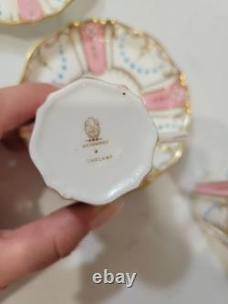 Set Of 6 Pink Antique Wedgwood Demitasse Cup & Saucer 19th c. Turquoise Jeweled