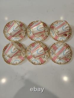 Set Of 6 Pink Antique Wedgwood Demitasse Cup & Saucer 19th c. Turquoise Jeweled