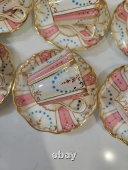 Set Of 6 Pink Antique Wedgwood Demitasse Cup & Saucer 19th c. Turquoise Jeweled