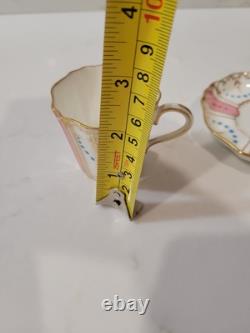 Set Of 6 Pink Antique Wedgwood Demitasse Cup & Saucer 19th c. Turquoise Jeweled
