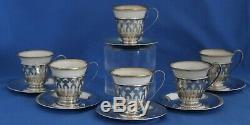 Set Of Six Lenox Gold Trimmed Demitasse Cups With Sterling Holders And Saucers