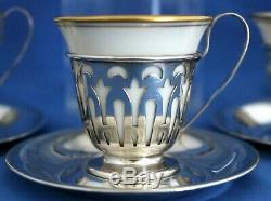 Set Of Six Lenox Gold Trimmed Demitasse Cups With Sterling Holders And Saucers