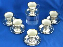 Set Of Six Lenox Gold Trimmed Demitasse Cups With Sterling Holders And Saucers