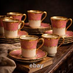 Set of 10 Antique Coronet Limoges France Pink Gold Demitasse Cups And Saucers