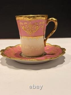 Set of 10 Antique Coronet Limoges France Pink Gold Demitasse Cups And Saucers