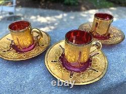Set of 3 Matching Antique MOSER Cranberry Demitasse Cup & Saucers withGold Gilding