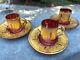 Set Of 3 Matching Antique Moser Cranberry Demitasse Cup & Saucers Withgold Gilding